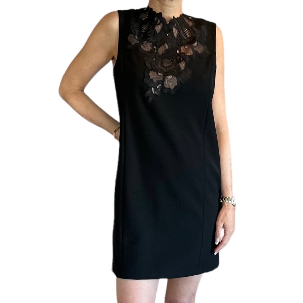 BCBG black crepe mini dress with lace neckline (like new)